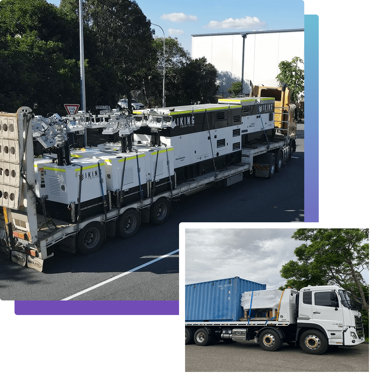 Trucks transporting large industrial equipment on road.