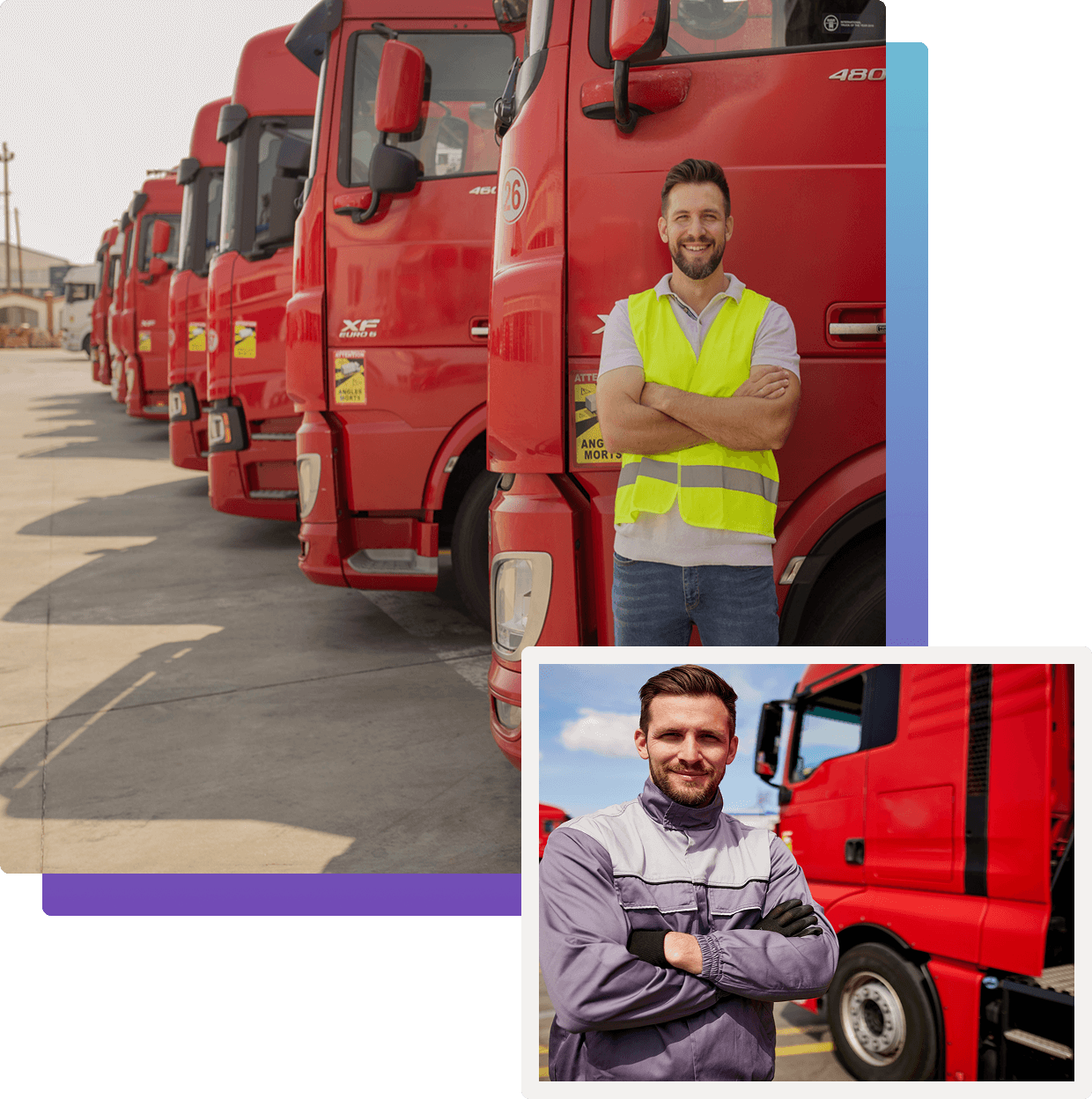 Man standing beside red trucks, wearing vest.