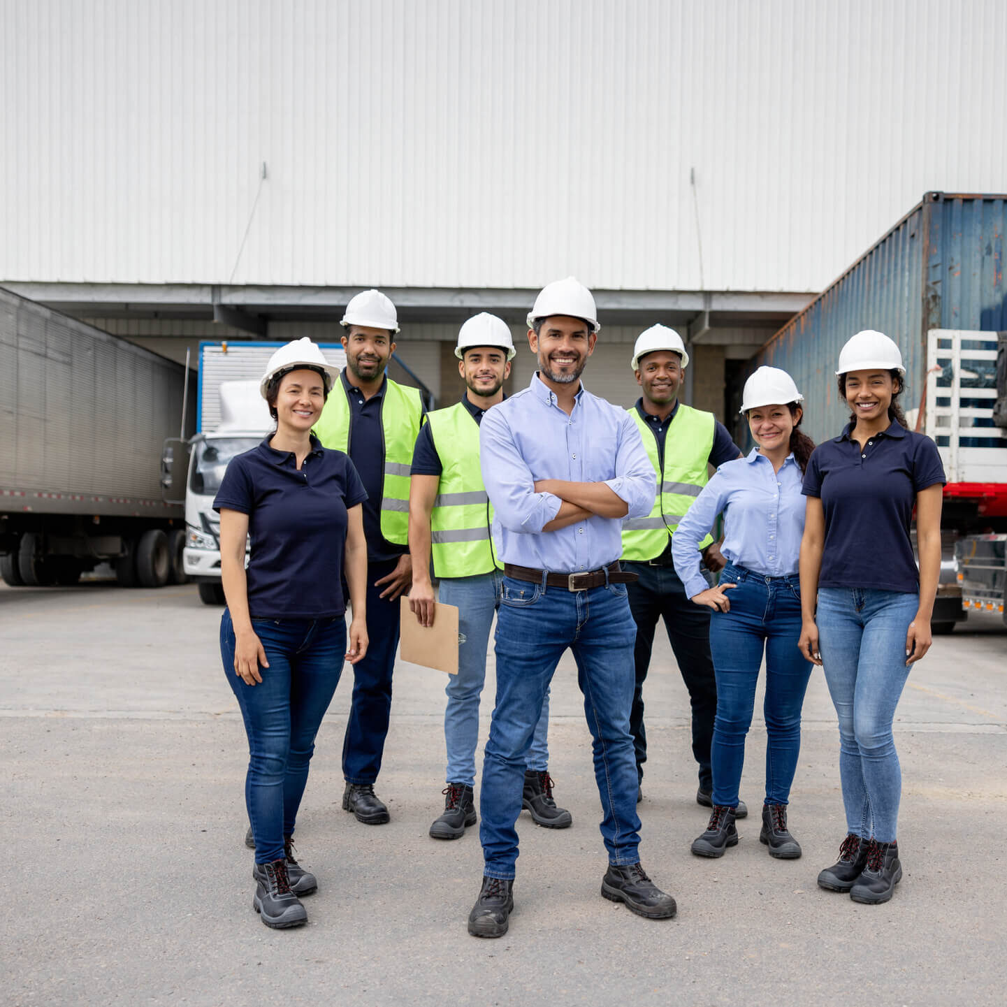 Warehouse team standing in front of trucks.